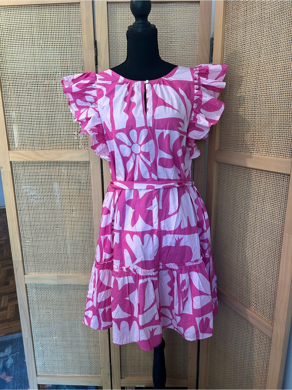 Oliphant Twiggy Pink 100% Cotton Abstract Floral Ruffle Sleeve Mini Dress NWT S